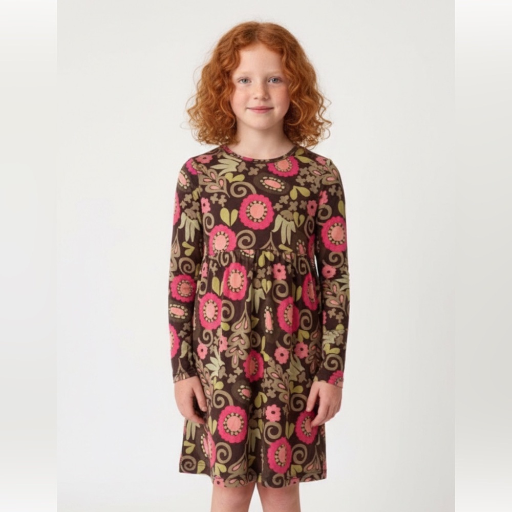 MINI BODEN RETRO PINK FLORAL‎ PRINT OONG SLEEVE DRESS CREW-NECK FIT & FLOWY EUC